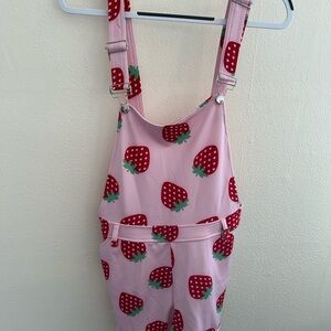 Hot Topic Pink Overalls with Red Strawberry Accents